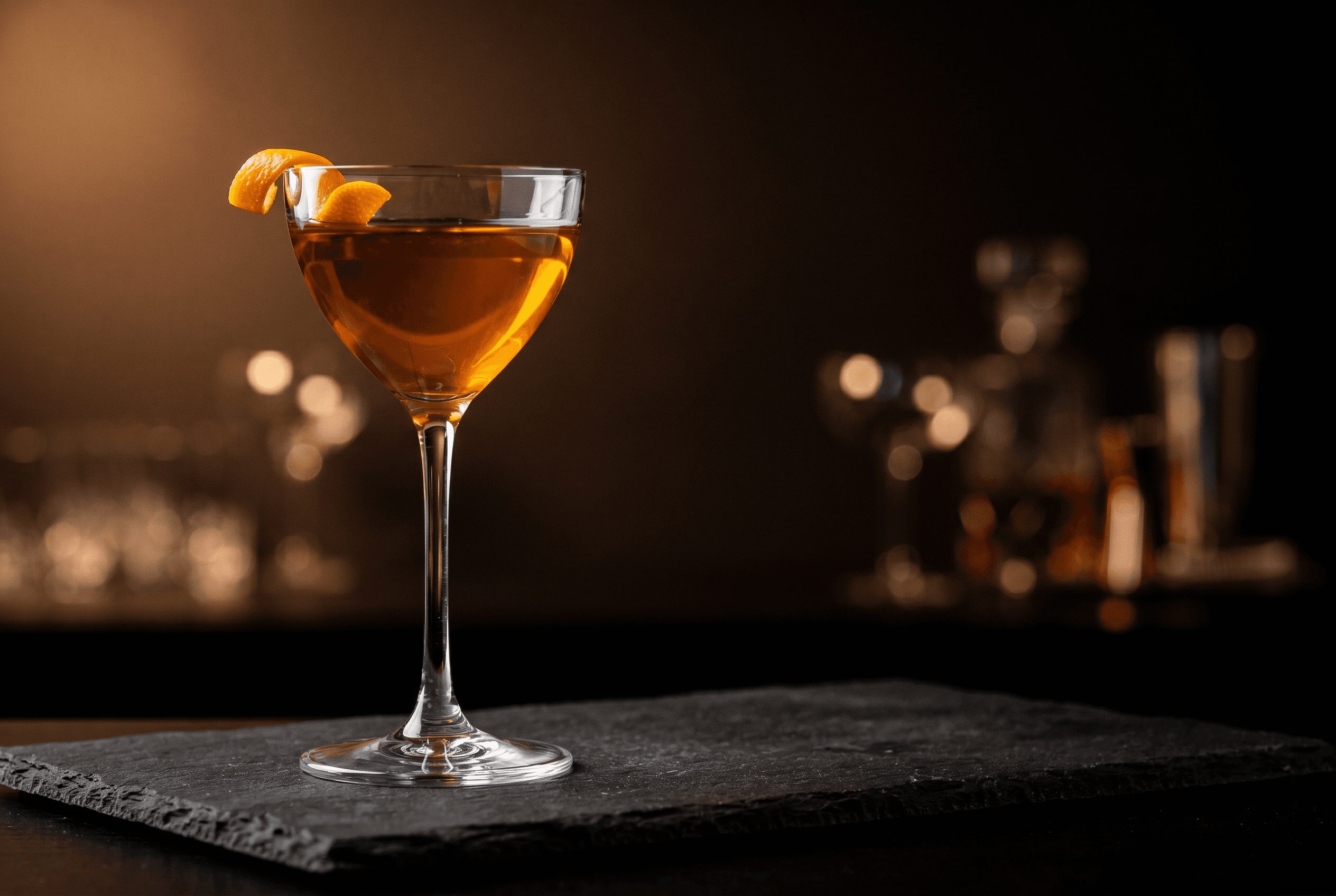 Cocktail i nick-and-nora-glas med apelsinskal på mörk slate-yta