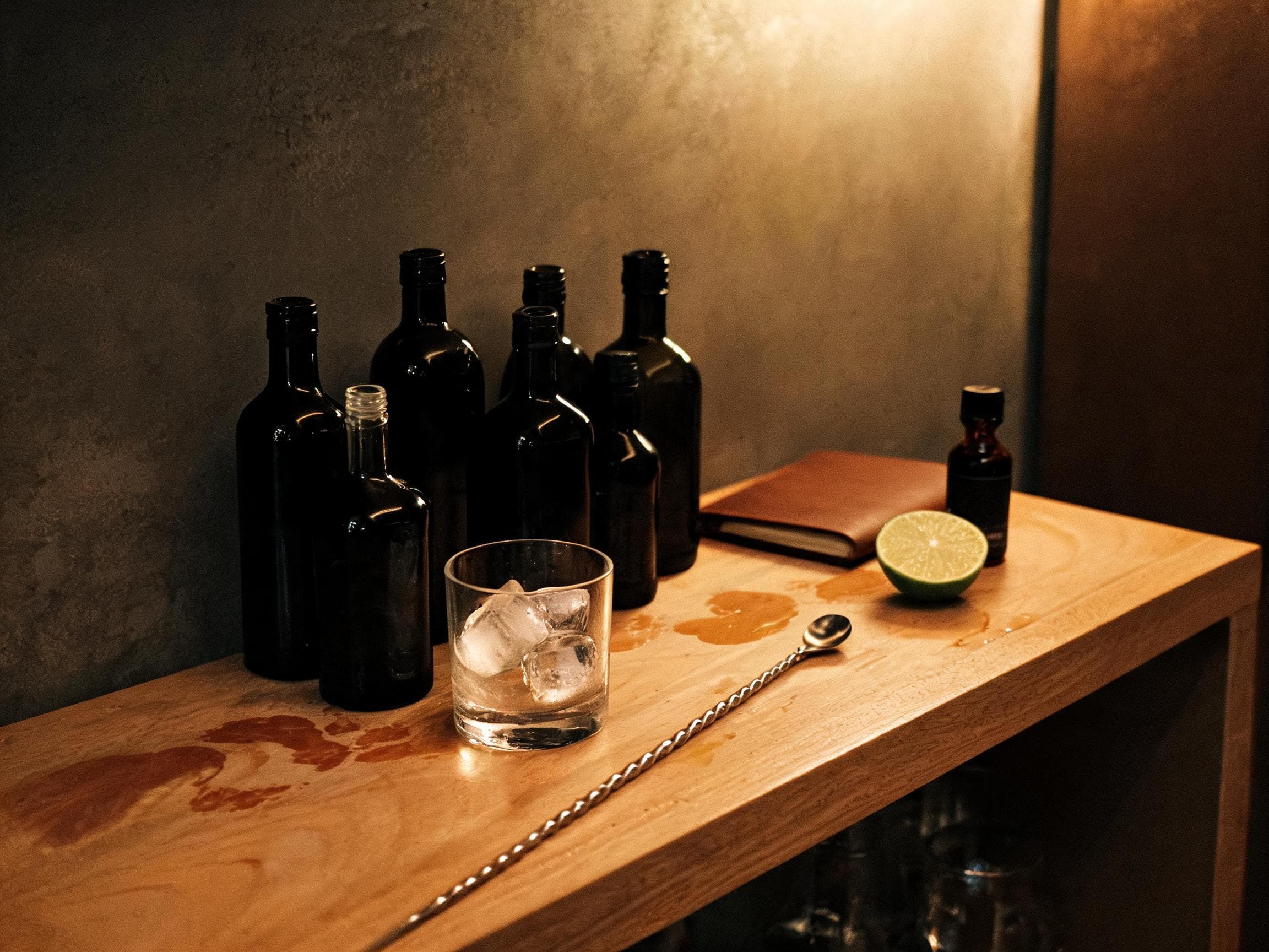 Barskåp med flaskor, glas och bartender-verktyg i varmt ljus