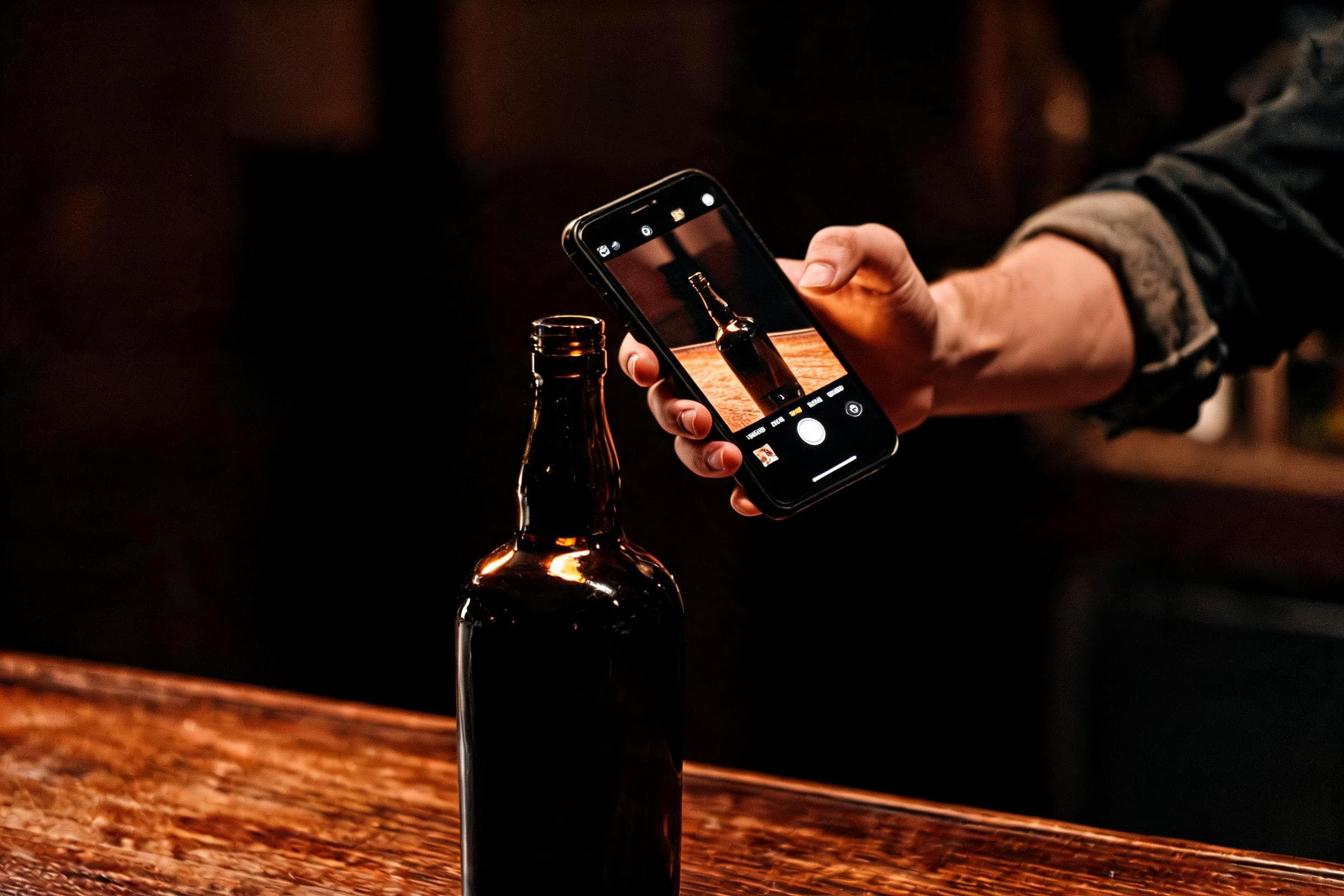 Hand håller en mobil ovanför en mörk spritflaska för identifiering