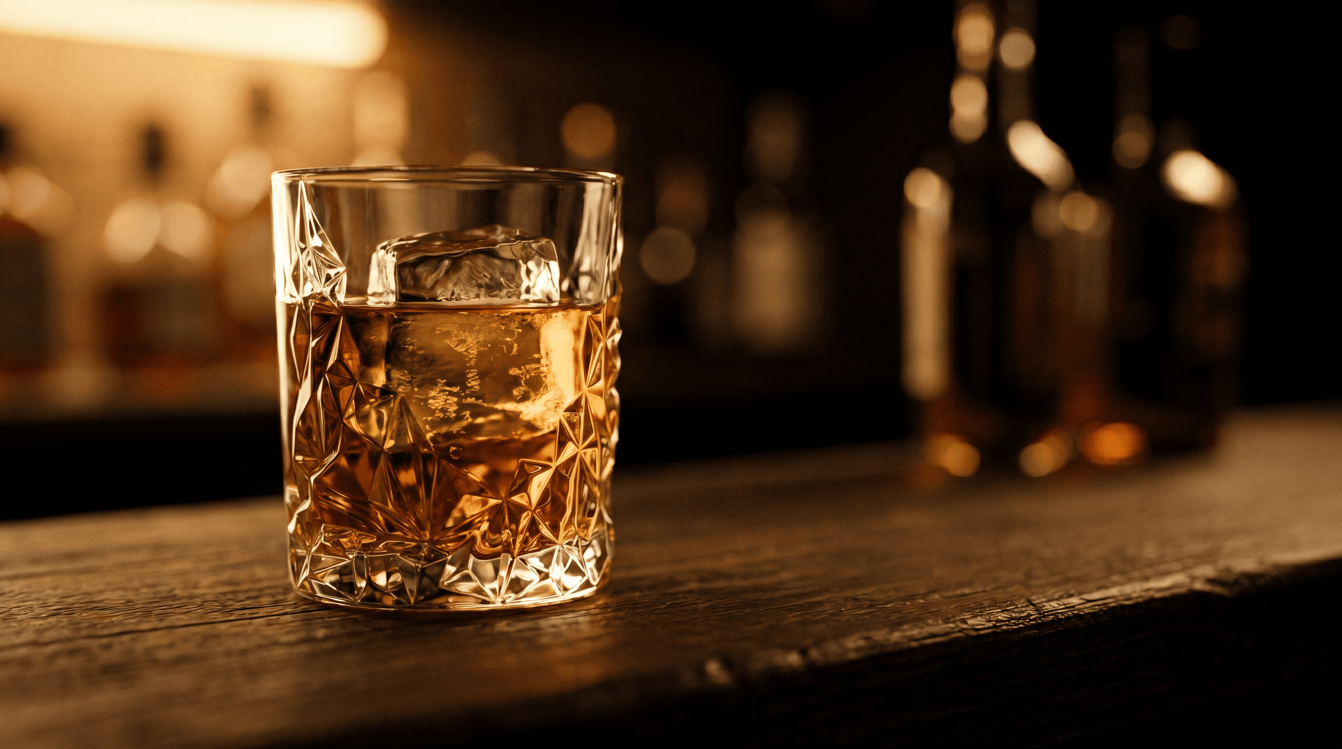 Whiskeyglas på mörk bar med flaskor i mjukt fokus i bakgrunden